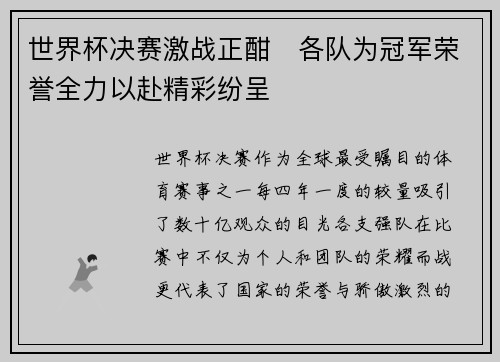 世界杯决赛激战正酣　各队为冠军荣誉全力以赴精彩纷呈